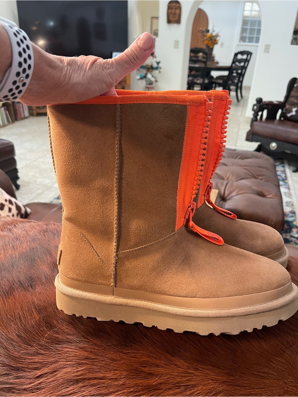 UGG Women's Tan Suede Boots with Bright Orange Zip Panel - Picture 4 of 11